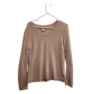 Adrienne Vittadini Beige Knit Cozy Casual Pullover V-Neck Cashmere Sweater Small